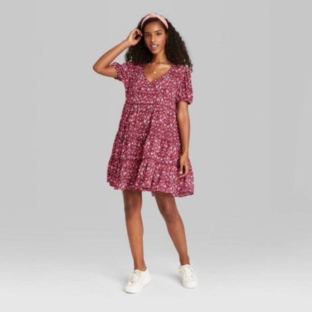 Wild Fable Burgundy Floral Crochet Trim Tiered Hem Grunge 90s Babydoll Dress - Picture 12 of 13